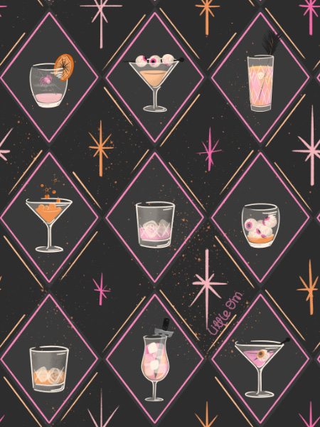 black harlequin pattern with creepy halloween drinks