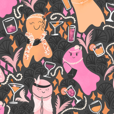 Halloween pattern with stylish ghosts, drinks, feathers, pearls in black, pink and orange