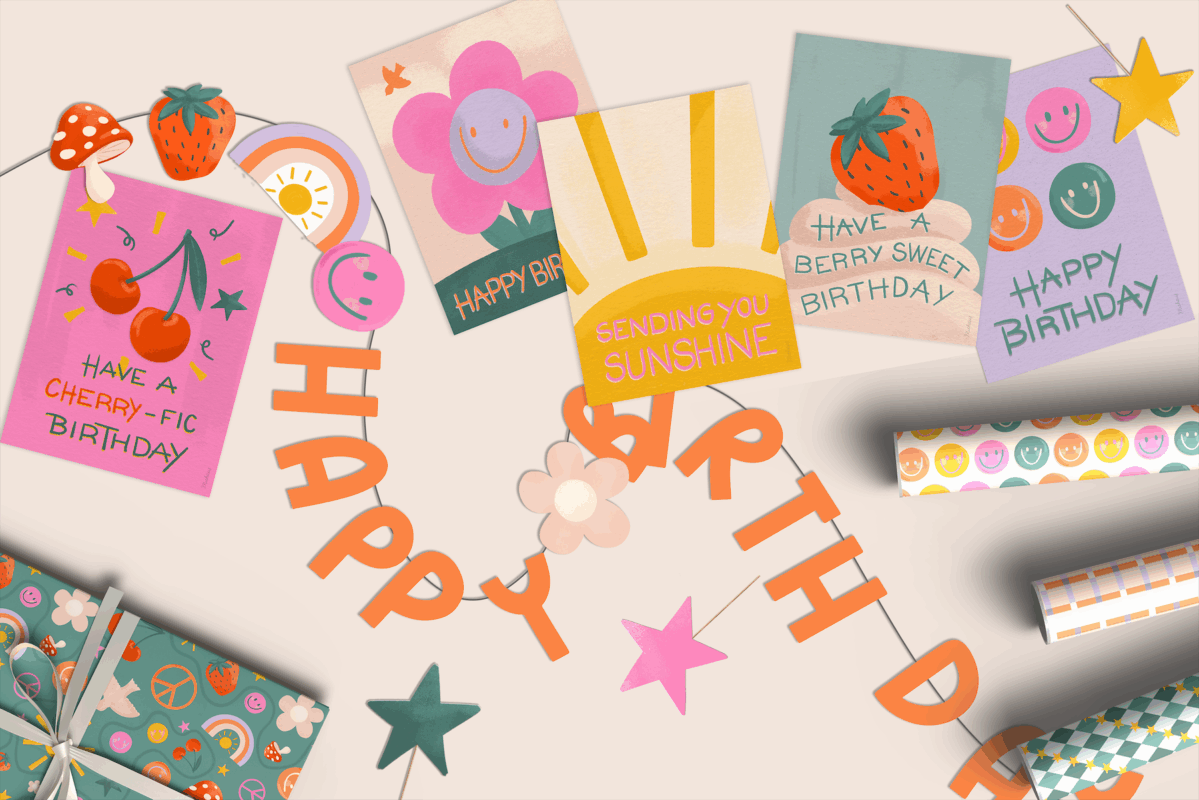 birthday cars, garland, wrapping paper